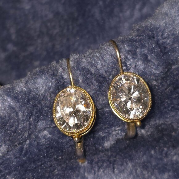 Gold-Tone 925 Sterling Silver Oval Crystal Dangle Earrings Lever back - Picture 3 of 11